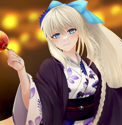  alternate_costume blue_bow blue_eyes blush bow braid candy_apple commentary_request fate/grand_order fate_(series) female flower food grey_hair hair_flower hair_ornament hairbow holding holding_food japanese_clothes kawairuka_ko kimono light_smile long_braid long_hair looking_at_viewer morgan_le_fay_(fate) nail_polish ponytail print_kimono side_braid single_braid solo summer_festival upper_body very_long_hair yukata 