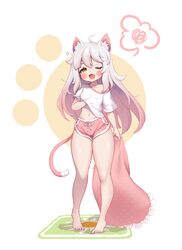  ;3 absurdres ahoge animal_ear_fluff animal_ears barefoot blush_stickers brown_eyes cat_ears cat_girl cat_tail feet female full_body hand_under_clothes hand_under_shirt highres komi_(trickcal) legs long_hair messy_hair navel off_shoulder one_eye_closed open_mouth pillow pink_shorts shirt short_shorts short_sleeves shorts solo standing stomach tail thighs toes toriseru_(rare_stone) trickcal white_hair white_shirt yawning 