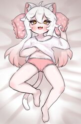  ahoge animal_ear_fluff animal_ears arm_up barefoot bed blush brown_eyes cat_ears cat_girl cat_tail feet female full_body hand_under_clothes hand_under_shirt hch_cheol highres komi_(trickcal) legs long_hair lying navel oerba_yun_fang on_back open_mouth pillow pink_shorts shirt short_shorts shorts smile solo tail thighs toes trickcal white_hair white_shirt 