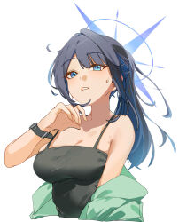  anmochi_mochi bare_shoulders black_camisole black_hair blue_archive blue_eyes blue_hair breasts camisole cleavage colored_inner_hair female green_jacket halo highres jacket large_breasts long_hair long_sleeves looking_at_viewer multicolored_hair off_shoulder open_clothes open_jacket ponytail saori_(blue_archive) saori_(swimsuit)_(blue_archive) sidelocks 