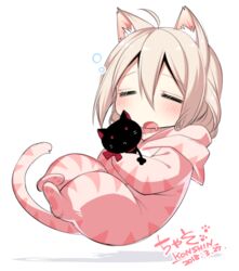  =_= ahoge animal_costume animal_ears black_cat blonde_hair cat_costume cat_ears cat_tail chaso_(konshin) chibi closed_eyes commentary_request dated drooling feline female floating hair_between_eyes hood hood_down konshin mouth_drool open_mouth original signature simple_background sleeping solo tail white_background 