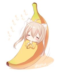  =_= ahoge animal_ears banana banana_costume blonde_hair blush cat_ears chaso_(konshin) chibi closed_eyes commentary_request ear_wiggle eating female food fruit happy holding konshin original signature smile solo 