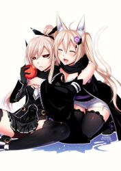  2girls :d ahoge animal_ears black_gloves black_legwear black_scarf black_sclera black_skirt blonde_hair breasts cat_tail chaso_(konshin) cleavage closed_eyes colored_sclera commentary_request dated detached_sleeves flower fox_ears gloves hair_flower hair_ornament holding hug hug_from_behind kneeling konshin long_hair long_sleeves medium_breasts multiple_girls obi open_mouth original parted_lips pleated_skirt ponytail red_eyes sash scarf signature simple_background skirt smile spread_legs tail thighhighs twintails white_background 