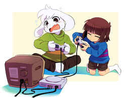  abstract_background ambiguous_gender arms_bent asriel_dreemurr barefoot bent_legs blush boss_monster_(undertale) bovid caprine closed_eyes controller cord crt determined duo electronics feet feet_together_knees_apart floppy_ears frisk_(undertale) fur game_console game_controller gaming goat holding_controller holding_game_controller holding_object human kano_makoto kemono kneeling knees_together knock-kneed lolicon long_ears male mammal multiplayer playing_video_game playstation playstation_1 playstation_console playstation_controller ps1_console ps1_controller rca_connector retro_console simple_background sitting sony_corporation sony_interactive_entertainment spread_knees stripes television undertale undertale_(series) white_body white_fur wired_controller young 