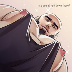  1boy bald bara beard black_hair black_tank_top facial_hair foreshortening from_below full_beard getonjbart large_pectorals looking_at_viewer looking_down male_focus meme muscular muscular_male nipple_slip nipples original pectoral_cleavage pectoral_focus pectorals photo-referenced short_hair sidepec smile solo sparkle_background tank_top thick_beard thick_eyebrows upper_body yur_oc_like_this_(meme) 