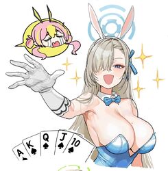  2girls ace_(playing_card) ace_of_spades animal_ears aqua_leotard asuna_(blue_archive) asuna_(bunny)_(blue_archive) blue_archive blue_bow blue_bowtie blue_leotard bow bowtie breasts card daddycool&#039;s_tan&#039;yao_(meme) detached_collar fake_animal_ears hair_over_one_eye halo jack_(playing_card) jack_of_spades king_(playing_card) king_of_spades koyuki_(blue_archive) koyuki_(bunny)_(blue_archive) leotard light_brown_hair meme mole mole_on_breast multiple_girls official_alternate_costume parody playboy_bunny playing_card queen_(playing_card) queen_of_spades rabbit_ears royal_flush spade_(shape) spoken_character strapless strapless_leotard ten_of_spades traditional_bowtie urrrt 