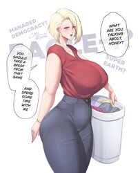  absurdres arm_at_side blonde_hair bra_visible_through_clothes bracelet breasts commentary coolpsyco curvy eagle_1_(helldivers) english_text female fourth_wall grey_pants hair_over_one_eye helldivers_(series) high-waist_pants highres holding huge_breasts jewelry laundry_basket looking_at_viewer meme open_mouth pants pink_eyes red_shirt see-through see-through_shirt shirt short_hair solo speech_bubble symbol-only_commentary thick_thighs thighs waking_up_from_2020_(meme) wide_hips 