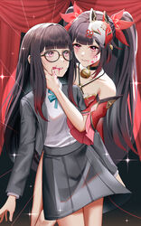  2girls absurdres anoreika_tomoe bare_shoulders bell black-framed_eyewear black_choker black_hair black_jacket black_skirt blazer blue_bow blue_bowtie blunt_bangs bow bowtie choker commentary cowboy_shot detached_sleeves dual_persona facial_mark fox_mask highres honkai:_star_rail honkai_(series) jacket jingle_bell long_hair long_sleeves mask mask_on_head miniskirt multiple_girls nail_polish neck_bell official_alternate_costume official_alternate_hairstyle open_clothes open_jacket parted_lips pink_eyes pleated_skirt red_nails shirt short_sleeves skirt sparkle_(honkai:_star_rail) sparkle_(school_uniform)_(honkai:_star_rail) standing twintails very_long_hair white_shirt 