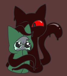  ambiguous_gender black_body bodily_fluids cloak clothed clothing domestic_cat felid feline felis goo_creature gooblie_2 green_cloak green_clothing green_sclera grey_body hi_res hug isaac_(gooblie_ii) male mammal one_eye_closed red_sclera simple_background solo tail tears tentacle toony 