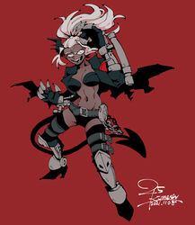  25_kimera absurdres armor bikini_armor boots breasts dark-skinned_female dark_skin demon_girl demon_horns female helltaker highres horns judgement_(helltaker) knee_boots long_hair looking_at_viewer revealing_clothes solo tail 