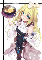  aburaage blonde_hair bodysuit bowl chopsticks commentary_request detached_sleeves female food heidi_ogezevara kitsune kitsune_udon kodama_yuu kyoukaisenjou_no_horizon long_hair noodles pantyhose photoshop_(medium) sweat udon 