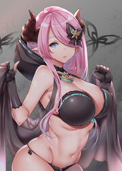  artistic_error bare_shoulders bikini black_bikini black_bow black_gloves blue_eyes bow breasts cleavage commentary draph eyes_visible_through_hair female fingerless_gloves gloves granblue_fantasy hair_ornament hair_over_one_eye hairbow highres hood hood_down horns jewelry large_breasts lips long_hair looking_at_viewer mushi024 narmaya_(granblue_fantasy) narmaya_(the_black_butterfly)_(granblue_fantasy) necklace official_alternate_costume parted_lips pink_hair pointy_ears side-tie_bikini_bottom skindentation solo stomach swimsuit 