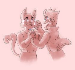  anthro avocato better_version_at_source bodily_fluids clothing duo felid feline final_space fur gary_goodspeed hand_holding human low_res male male/male mammal monochrome simple_background tears tornqdo ventrexian 