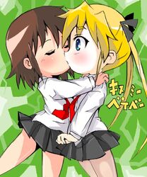  2girls blonde_hair blue_eyes blush brown_hair closed_eyes commentary_request copyright_name hair_ribbon kill_me_baby kissing multiple_girls necktie oribe_yasuna red_necktie ribbon school_uniform short_hair skirt sonya_(kill_me_baby) t2 twintails yuri 