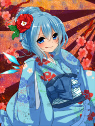  :q alternate_costume alternate_hairstyle bad_id bad_pixiv_id blue_eyes blue_hair blush cirno female flower hair_flower hair_ornament highres japanese_clothes looking_at_viewer negiko short_hair solo tongue tongue_out touhou wings 