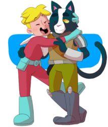  2018 anthro avocato clothing duo felid feline final_space fur gary_goodspeed hug human male mammal simple_background ventrexian 