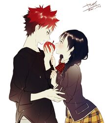  1boy apple bad_id bad_pixiv_id black_hair bow braid eye_contact female food fruit highres looking_at_another open_mouth photoshop_(medium) red_hair school_uniform shokugeki_no_souma signature tadokoro_megumi tootsuki_saryou_ryouri_gakuen_uniform twin_braids white_background yasai_(getsu) yukihira_souma 