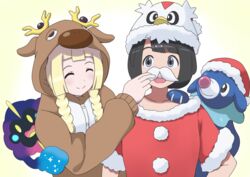  2girls alternate_costume antlers bad_id bad_pixiv_id black_hair blonde_hair blue_eyes blunt_bangs blush braid breasts buttons character_costume character_hat closed_eyes closed_mouth collarbone commentary_request cosmog cosplay delibird delibird_(cosplay) fake_facial_hair fake_mustache gradient_background haido_(ryuuno_kanzume) hat highres hood horns kigurumi lillie_(pokemon) long_hair long_sleeves looking_at_viewer multiple_girls open_mouth pokemon pokemon_(creature) pokemon_sm popplio red_hat red_shirt santa_costume santa_hat selene_(pokemon) shirt short_hair short_sleeves small_breasts smile stantler stantler_(cosplay) twin_braids two-tone_background upper_body 