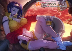  alcohol beer boots breasts cigarette cigarette_box cleavage cockpit cowboy_bebop cup drinking_glass faye_valentine female green_eyes gun hairband handgun high_heel_boots high_heels holding large_breasts purple_hair science_fiction shirt short_hair shorts sitting solo space_craft thighhighs weapon xong yellow_shirt yellow_shorts 