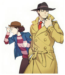  2boys ace_attorney_investigations ace_attorney_investigations_2 aged_down black_eyes black_hair border bowler_hat coat curly_hair fedora glasses gregory_edgeworth grey_background gyakuten_saiban hand_in_pocket hand_on_another&#039;s_face hand_on_forehead hand_on_own_face hat jacket leaning leaning_forward long_sleeves male_focus multiple_boys necktie notepad open_mouth overcoat pencil profile reka shigaraki_tateyuki shirt simple_background spoilers striped_clothes striped_shirt teenage teeth 