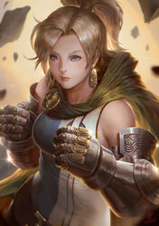  absurdres bare_shoulders belt blonde_hair blue_eyes cape commentary_request earrings female gauntlets gloves highres jewelry long_hair marvel photoshop_(medium) ponytail rock sgt_lonely solo sparkle upper_body valeria_von_doom 