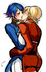  1boy arms_around_waist ash_crimson bad_id bad_pixiv_id blonde_hair blue_eyes blue_hair blush closed_eyes commentary_request elisabeth_blanctorche female freckles kissing muse_(rainforest) photoshop_(medium) short_hair straight the_king_of_fighters waist_hold 