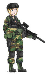  alice_gear american_flag ammunition_pouch assault_rifle bad_id bad_pixiv_id blonde_hair blue_eyes body_armor boots bulletproof_vest camouflage canteen colt_commando combat_boots dutchko female gloves goggles goggles_on_head grenade_launcher gun helmet highres holster knee_pads load_bearing_equipment load_bearing_vest m203 military military_uniform original pouch push-to-talk_device rifle scope short_hair solo suppressor thigh_holster throat_microphone underbarrel_grenade_launcher uniform united_states_army weapon woodland_camouflage 