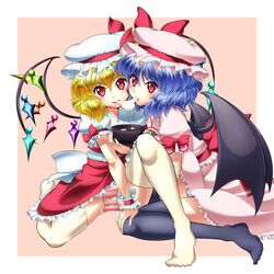  2girls absurdres bat_wings black_thighhighs blonde_hair blue_hair blue_panties bow bowl brooch cheek-to-cheek commentary_request flandre_scarlet food hand_on_own_knee hat hat_ribbon heads_together highres jewelry mochi multiple_girls panties pantyshot pink_panties puffy_sleeves raionsan red_eyes remilia_scarlet revision ribbon shared_food shirt short_sleeves siblings sisters sitting skirt skirt_set striped_clothes striped_panties thighhighs touhou underwear wagashi white_legwear wings wrist_cuffs 