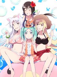  4girls ^_^ aged_up animal_ears aqua_hair bangle bikini black_hair black_hanekawa blonde_hair bracelet breast_envy breast_rest breasts cat_ears cleavage closed_eyes commentary_request double_v eyebrows fish_hair_ornament food girl_sandwich green_eyes grin gum_(vivid_garden) hachikuji_mayoi hair_ornament hanekawa_tsubasa hat jewelry kabukimonogatari kiss-shot_acerola-orion_heart-under-blade large_breasts long_hair monogatari_(series) multiple_girls name_tag oerba_yun_fang ononoki_yotsugi oshino_shinobu popsicle sandwiched school_swimsuit short_hair smile sun_hat swimsuit twintails v white_hair yellow_eyes 