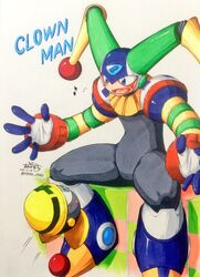  akabane_jin ambiguous_gender blue_eyes capcom clown clown_man duo featureless_crotch happy hi_res humanoid machine male mega_man_(series) megaman_(classic) met_(mega_man) not_furry open_mouth robot robot_master signature sitting text traditional_media_(artwork) waddling_head 