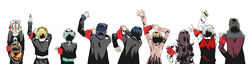  aegis aegis_(persona) amada_ken aragaki_shinjirou armband back canine everyone highres iori_junpei kirijou_mitsuru koromaru long_image multiple_boys multiple_girls nanaya_(daaijianglin) persona persona_3 pose s.e.e.s sanada_akihiko school_uniform shin_megami_tensei yamagishi_fuuka yukari_takeba yuuki_makoto 