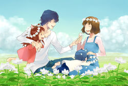  2boys 2girls alternate_universe ame_(ookami_kodomo) animal_ears animal_nose beard blue_eyes brown_hair cloud collarbone commentary_request day dress facial_hair family father_and_daughter flower furry furry_female grass habuki hana_(ookami_kodomo) head_wreath holding holding_flower lying mother_and_son multiple_boys multiple_girls nature oerba_yun_fang ookami_kodomo_no_ame_to_yuki ookami_otoko outdoors pants red_hair shirt sky smile white_shirt wolf_ears yuki_(ookami_kodomo) 