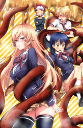  2boys 2girls black_legwear blonde_hair blush braid closed_eyes commentary diagonal_stripes kl_(dgzonbi) long_hair looking_at_viewer md5_mismatch mouth_hold multiple_boys multiple_girls nakiri_erina o_o open_mouth photoshop_(medium) purple_eyes red_hair resolution_mismatch restrained shokugeki_no_souma short_hair source_smaller striped striped_background tadokoro_megumi takumi_aldini tentacle thighhighs tootsuki_saryou_ryouri_gakuen_uniform twin_braids yukihira_souma 