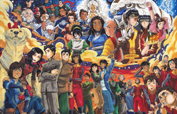  6+boys 6+girls aang absurdres animal appa armband armor asami_sato avatar:_the_last_airbender avatar_legends bald beard black_hair blue_eyes bolin boomerang braid brown_eyes brown_gloves brown_hair bumi_(avatar) bumi_(legend_of_korra) cabbage cabbage_merchant_(avatar) canine chinese_clothes choker cloud commentary crop_top crossed_arms dark_skin dated double_bun english_commentary everyone facial_hair ferret fire folding_fan fourth_wall glasses gloves goatee green_eyes grey_eyes grey_hair hair_bun hair_over_eyes hakoda hand_fan hands_on_own_hips hat headband highres ikki_(legend_of_korra) iknik_varrick iroh jeong_jeong jinora kai_(legend_of_korra) katara kneeling korra kya_(legend_of_korra) lin_bei_fong lipstick long_hair mai_(avatar) makeup mako_(avatar) marker_(medium) meelo_(legend_of_korra) midriff mikkusushi momo_(avatar) multiple_boys multiple_girls naga_(avatar) opal_bei_fong pabu_(avatar) pakku pema_(legend_of_korra) photoshop_(medium) pointing ponytail red_lips rohan_(legend_of_korra) roku_(avatar) scar scar_across_eye scar_on_face short_hair signature single_hair_bun sitting sky sokka spirit staff star_(sky) starry_sky suki_(avatar) suyin_bei_fong tenzin_(legend_of_korra) the_legend_of_korra toph_bei_fong traditional_media twintails ty_lee white_hair wu_(legend_of_korra) yue_(avatar) zhu_li_moon zuko 