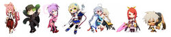  2boys 6+girls ahoge amane_nishiki animal_ears bad_id bad_pixiv_id barefoot blazblue blazblue:_chronophantasma blonde_hair bodysuit bullet_(blazblue) cape capri_pants cat_ears cat_tail chibi eyepatch glasses green_eyes green_hair grey_hair gun handgun hazama izayoi_(blazblue) kokonoe_(blazblue) lambda-11 multiple_boys multiple_girls noel_vermillion nu-13 otoko_no_ko pants pink_hair purple_hair red_eyes red_hair scar tail tsubaki_yayoi weapon wide_image yellow_eyes yoshisawa 