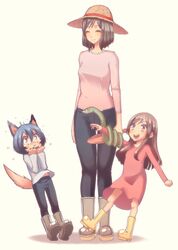  1boy 2girls ame_(ookami_kodomo) animal_ears bad_id bad_pixiv_id black_eyes black_hair blue_hair boots brown_hair cream_(nipakupa) dress hana_(ookami_kodomo) hat holding long_hair mother_and_daughter mother_and_son multiple_girls ookami_kodomo_no_ame_to_yuki pants rubber_boots scared short_hair shovel siblings snake standing sweatdrop swept_bangs tail tearing_up wolf_ears wolf_tail yuki_(ookami_kodomo) 