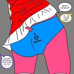  1:1 amy_rose anthro ass back-print_panties blue_clothing blue_panties blue_underwear clothed clothing dialogue dress english_text eulipotyphlan female heart_clothing heart_panties heart_print heart_print_panties heart_print_underwear heart_symbol heart_underwear hedgehog mammal panties pink_body print_clothing print_panties print_underwear sega simple_background solo sonic_the_hedgehog_(series) text text_on_clothing text_on_panties text_on_underwear that-cute-kitty underwear upskirt 