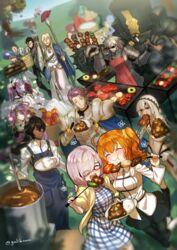  1other 6+boys 6+girls :&gt; :d ^_^ ahoge altera_(fate) alternate_costume apple apron arjuna_(fate) arm_around_shoulder armor asterios_(fate) basket beard belt billy_the_kid_(fate) black_armor black_hair black_jacket black_pantyhose black_skirt blonde_hair blue_apron blue_cape blue_dress blue_hat blurry blush bowl breasts cape chaldea_uniform charles_babbage_(fate) chevalier_d&#039;eon_(fate) cigar cloak closed_eyes commentary_request cooking curry dark-skinned_female dark-skinned_male dark_skin depth_of_field diarmuid_ua_duibhne_(lancer)_(fate) dress eating facial_hair fate/extra fate/grand_order fate/stay_night fate_(series) fionn_mac_cumhaill_(fate/grand_order) fish food formal fruit fujimaru_ritsuka_(female) full_armor fuuma_kotarou_(fate) galibo gauntlets glasses gloves grapes green_hair grey_hair grill grilling hair_between_eyes hair_over_one_eye hairband happy hat hat_basket jacket japanese_clothes kebab knife ladle lancelot_(fate/grand_order) lolita_hairband long_hair long_sleeves lord_el-melloi_ii mash_kyrielight mash_kyrielight_(senpai_killer_outfit) meat mecha medea_(fate) medium_breasts medusa_(fate) medusa_(rider)_(fate) meme midriff multiple_boys multiple_girls navel official_alternate_costume onigiri open_mouth orange_hair outdoors pantyhose pauldrons peeling pepper_shaker pink_hair pocket polearm ponytail pot purple_eyes purple_hair red_eyes red_hair rice robin_hood_(fate) robot salt_bae_(meme) scrunchie shirt short_hair shoulder_armor siblings side_ponytail signature sisters skewer skirt smile spear spoon stheno_(fate) stheno_(third_ascension)_(fate) strap striped_clothes striped_dress suit sunglasses sweat sweet_potato tawara_touta_(fate) tree veil vlad_iii_(fate/extra) waver_velvet weapon white_armor white_dress white_gloves white_hair white_shirt yellow_jacket yellow_scrunchie 