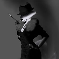  1:1 2021 absurd_res adlerokonma animal_conquest anthro black_and_grey black_and_white black_clothing black_dress breasts canid canine canis cigarette cigarette_holder clothed clothing digital_media_(artwork) digital_painting_(artwork) dress female fingers flower_tattoo fox fur fur_clothing gloves grey_background greyscale handwear hat headgear headwear heart_jewelry heart_necklace heart_symbol hi_res mafia mammal marian_rousseau monochrome noir pattern_clothing pattern_dress portrait red_fox serious_face shaded shadow simple_background solo spots spotted_clothing spotted_dress tattoo three-quarter_portrait true_fox winter_coat 