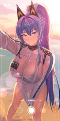  absurdres arm_up beach bikini bikini_under_clothes blue_bikini blue_eyes blue_hair blush braid breasts cleavage closed_mouth cloud commentary fake_phone_screenshot fake_screenshot female gloves goddess_of_victory:_nikke hair_between_eyes hair_intakes helm_(aqua_marine)_(nikke) helm_(nikke) highres jacket korean_text large_breasts lens_flare long_hair long_sleeves looking_at_viewer ocean official_alternate_costume official_alternate_hairstyle outdoors ponytail see-through see-through_cleavage see-through_jacket selfie shirt shirt_tug sidelocks siyeong solo standing sunset swimsuit taking_picture translation_request wet wet_clothes wet_jacket white_gloves white_jacket 