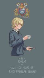  absurdres black_necktie blonde_hair blue_sweater braid catchphrase closed_eyes closed_mouth commentary cropped_torso cup darjeeling_(girls_und_panzer) dated dress_shirt emblem english_text engrish_text female girls_und_panzer grey_background heraldry highres holding holding_cup holding_saucer keep_calm_and_carry_on latin_text long_sleeves necktie ranguage saucer school_uniform shirt short_hair simple_background smile solo st._gloriana&#039;s_(emblem) st._gloriana&#039;s_school_uniform sweater teacup tied_hair twin_braids upper_body useless_(gss44344) v-neck white_shirt wing_collar 