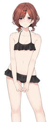  alternate_costume alternate_hairstyle bare_arms bare_legs bikini black_bikini breasts brown_hair cleavage closed_mouth collarbone commentary feet_out_of_frame female frilled_bikini frills hair_ornament hairclip highres higuchi_madoka idolmaster idolmaster_shiny_colors looking_at_viewer maza_kisuke mole mole_under_eye navel pink_eyes short_hair short_twintails simple_background small_breasts solo swimsuit thighs twintails white_background 