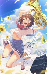  3s :d absurdres bag blue_skirt breasts brown_hair chair cloud cloudy_sky euphonium falling female floating flower hibike!_euphonium highres holding holding_instrument instrument kitauji_high_school_uniform kneehighs medium_hair miniskirt music_stand navel neckerchief open_mouth oumae_kumiko paper pink_neckerchief school_bag school_uniform serafuku shirt shoes skirt sky small_breasts smile socks solo sunflower teeth thighs uwabaki white_footwear white_shirt white_socks yellow_eyes 