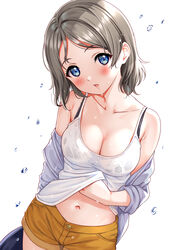  :o bare_shoulders black_bra blue_eyes blush bra breasts brown_hair camisole camisole_lift casual cleavage clothes_lift collarbone commentary_request female grey_jacket head_tilt highres jacket lifting_own_clothes long_sleeves looking_at_viewer love_live! love_live!_sunshine!! medium_breasts navel off_shoulder open_clothes open_jacket open_mouth orange_shorts sankuro_(agoitei) see-through short_hair short_shorts shorts simple_background solo stomach underwear watanabe_you water_drop wet wet_clothes white_background 