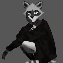  1:1 2021 5_fingers absurd_res adlerokonma alternative_fashion animal_conquest animal_humanoid anthro big_ears big_nose black_and_grey black_and_white black_clothing black_topwear boots clothed clothing collar crouching daiki_matsuda digital_media_(artwork) digital_painting_(artwork) ear_piercing eyebrows eyeshadow female fingers fluffy fluffy_tail footwear fur goth grey_background greyscale hair hand_on_face hand_tattoo hi_res humanoid jacket japanese japanese_text legs_together looking_at_viewer mafia makeup mammal mammal_humanoid matsuda_daiki monochrome nails open_mouth photo photo_shoot piercing portrait procyonid raccoon serious serious_face shaded shadow shirt simple_background solo tail tattoo text three-quarter_portrait topwear zipper 