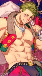  1boy abs alternate_costume antlers bad_id bad_pixiv_id bara bare_shoulders black_star_-theater_starless- bulge christmas cowboy_shot cropped_jacket gift_bag green_eyes green_hair highres horns jacket kongou_(black_star) large_pectorals light_green_hair male_focus muscular muscular_male navel open_clothes open_jacket pectoral_cleavage pectorals reindeer_antlers santa_costume short_hair sidepec snowflake_necklace solo stomach umedairuka 