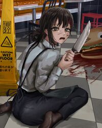  apron black_apron black_eyes black_hair black_legwear blood burger_costume chainsaw_man checkered_floor collared_shirt feet female hair_ornament hairclip higashiyama_kobeni highres holding holding_knife indoors knife long_sleeves looking_at_viewer mole mole_under_eye mole_under_mouth no_shoes open_mouth see-through see-through_legwear shirt short_hair short_ponytail sitting soles solo sweat taorotana wariza white_shirt 