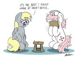  2020 bobthedalek clipboard clothing covering covering_face covering_own_face covering_self derpy_hooves duo english_text equid equine facepalm female friendship_is_magic furniture hasbro hat headgear headwear heart_clothing heart_hat heart_headwear heart_print heart_symbol hi_res holding_clipboard holding_object horse humor mammal motion_lines my_little_pony mythological_creature mythological_equine mythology nail nurse_clothing nurse_hat nurse_headwear nurse_redheart path_lines pegasus pony print_clothing print_hat print_headgear print_headwear pun red_cross stool text wings 