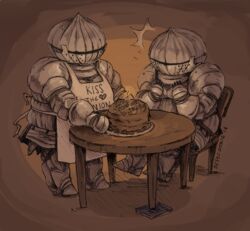  1boy armor birthday_cake cake covered_face dark_souls_(series) father_and_daughter female food full_armor gauntlets helmet jesscookie shoulder_armor sieglinde_of_catarina siegmeyer_of_catarina table 