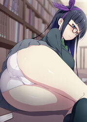  absurdres ass black_hair black_jacket black_socks blue_eyes blunt_bangs blurry blush book bow breasts closed_mouth collared_shirt commentary_request female glasses grey_skirt hairbow highres jacket large_breasts library long_hair lying on_side original panties pleated_skirt red-framed_eyewear sakamata_(sakamata4) shirt skirt socks solo thighs underwear white_panties white_shirt 